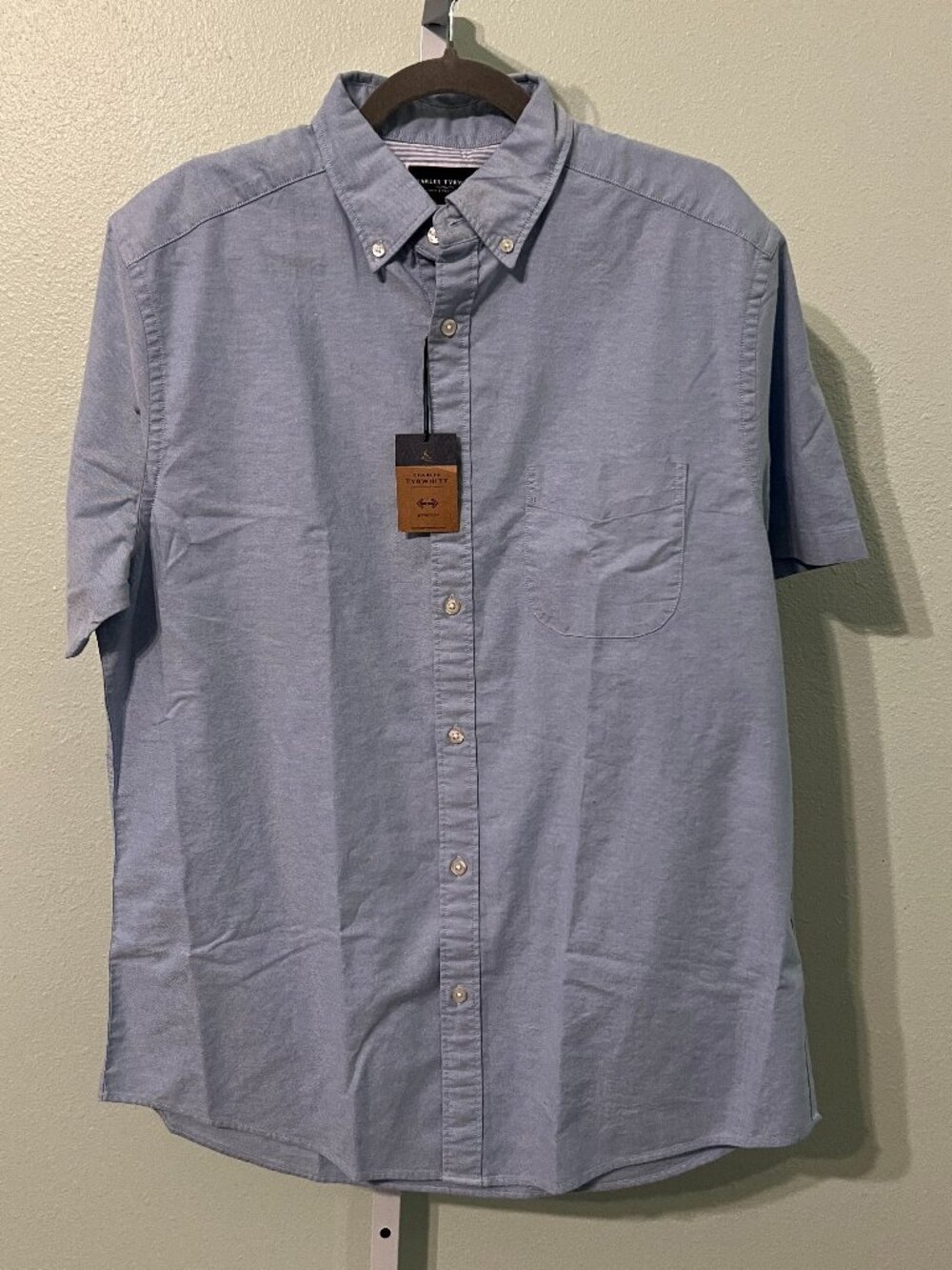 NWT Charles Tyrwhitt Classic-Fit Stretch Sky Blue 100% Cotton Short-Sleeve SZ Lg